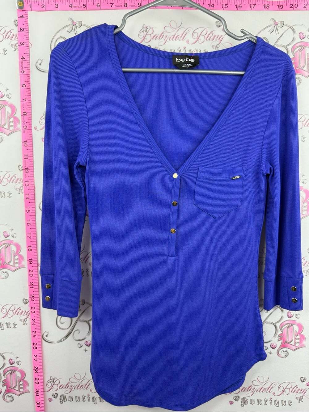 bebe shirt Royal Blue Long Sleeve V-Neck Henley Top